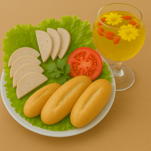 Bánh mì kẹp chả +  Trà cúc chi long nhãn